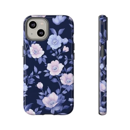 Coque iPhone 14 rigide de luxe motif floral bleu et rose avec finition brillante haut de gamme