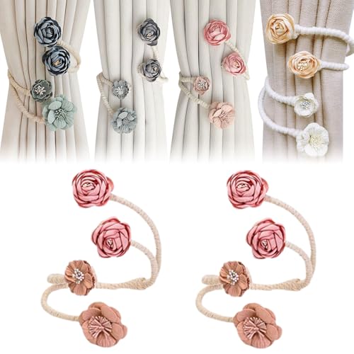 Image of Runsgo 2 Packs Handmade Artificial Flower Curtain Holdbacks Clips, Flexible Curtain Tiebacks Clips Twist Bough Flower Curtain Tie Back (Pink 2 PCS)