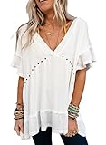 Dokotoo Ladies Tunic White Tops V-Neck Ruffle Half Sleeve Waffle Knit Blouses Splicing Loose Fit Stud Rivet Flowy T-Shirts