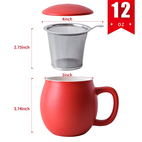Image of Yundu 12 OZ Matte Red Ceramics Teacup with Infuser and Lid, Mug with Lid for Steeping - Stainless Steel Infuser for Loose Leaf Tea, Home Office Gift for Tea Lovers