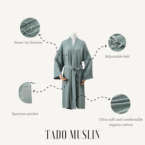 Women's Organic Cotton Bathrobe Long Sleeve Lightweight Waist-Tie Bath Robe for Home Spa Beach Wear3