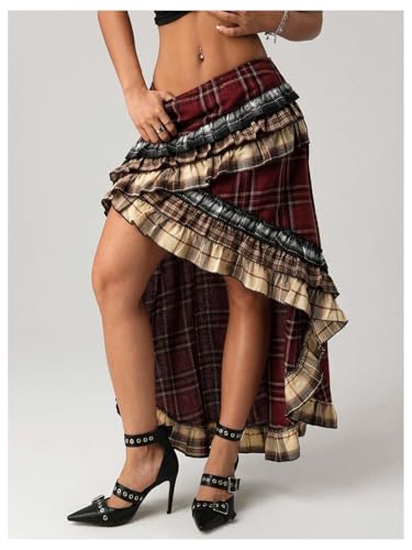 Verdusa Women's Tartan Plaid Maxi Skirt Layered Ruffle Asymmetrical Long Skirts3