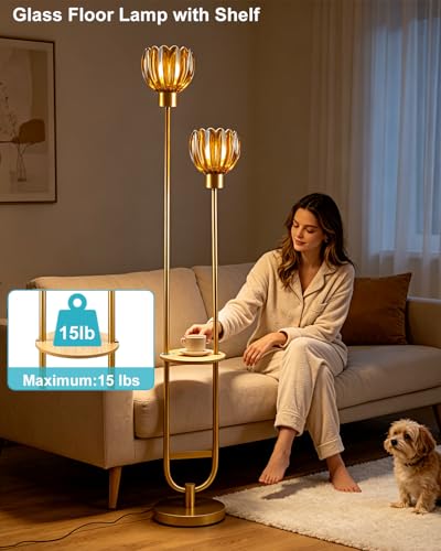 Image of Lightdot Glass Floor Lamp with Table 2-Lights Modern Gold Standing Tall Lamps with Amber Lotus Glass Shade,LED Floor Lamp with Foot Switch for Living Room Bedroom Home Office (Bulbs Included)