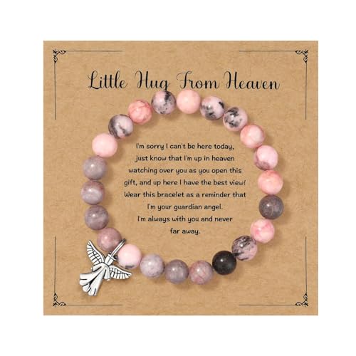 MIXJOY Guardian Angel Little Hug From Heaven Pink Natural Stone Bracelet for Loss of Mother Father, Bereavement Grief Gift for Women, Memorial Guardian Protection, Medium