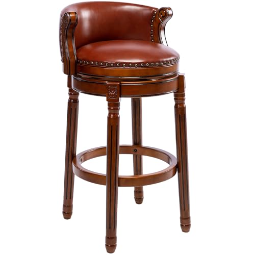 Image of Cow top Leather Wooden Bar Stools, 29.5 inch Bar Height Bar Chair with Back, 180 Degrees Swivel Barstools Chair for Home Kitchen Counter,Dining Room (Brown 1pc, Bar Height-Seat Height 29.5 inch)