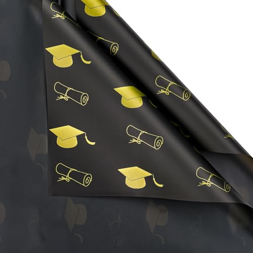 WRAPAHOLIC 20 Sheets Flower Wrapping Paper - 22.4 x 22.4 inch Black Bachelor's Hat Water-Resistant Floral Bouquet Wrapping Paper, Florist Supplies Packaging for Graduation Ceremony Gift DIY