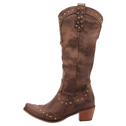 Women's Retro Rivets Cowboy Boots Pointed Toe Western Chunky Heel Under the Knee Boots3