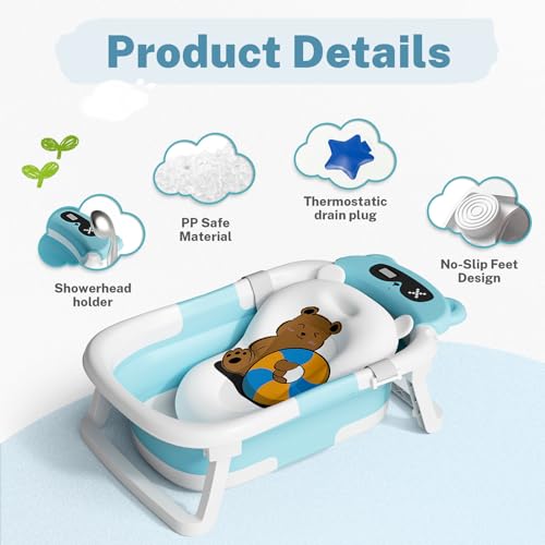 Image of AVIDOR Baby Bathtub,Collapsible Bathtub for Newborn to Toddler,Durable Essential Infant Bath Tub,Portable Travel Baby Bathtub with Soft Cushion,No-Slip Hanging and Detachable Bathtub(Blue)