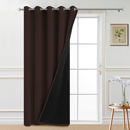 Image of Yakamok Brown 100% Blackout Patio Door Curtain Panels W70 x L84, 1 Panel | Noise Reducing Barrier Panel for Sliding Glass Door, 2 Thick Layers Heat Full Light Blocking Patio Door Drapery