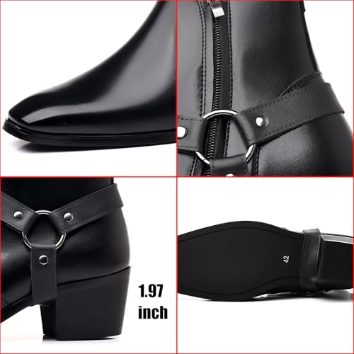 Men's Leather Chunky Heel Dress Chelsea Boots with Belt Buckle Fashion Classic Cap Toe Side Zipper Block High Heels High Top Formal Oxford Shoes Casual Business Chukka Booties2