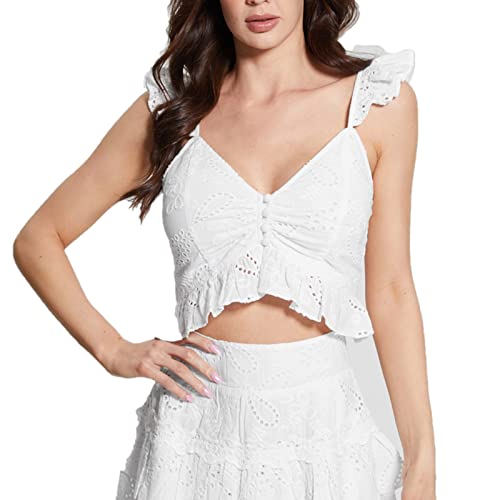 Guess Womens Sleeveless Arielle Floral Eyelet Top Shirt, Pure White, Large US