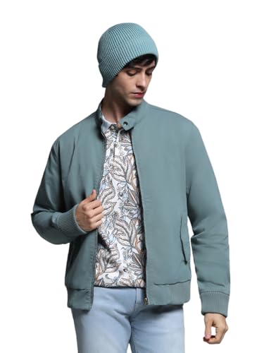 Image of Jack & Jones Men's Mock Collar Solid Cotton Casual Bomber Jacket, Standard Length