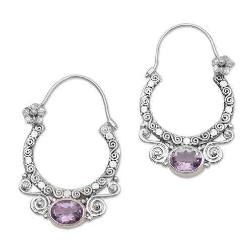 NOVICA Artisan Amethyst Hoop Earrings and Sterling Silver Floral from Bali Purple Indonesia Birthstone [1.7 in H x 0.2 in W x 1.2 in D] ' Spiral Arches'