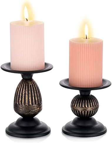 Sziqiqi Vintage Pillar Candle Holders Set of 2 Distressed Metal Candleholder Retro Matte Black Candlestick Holders Centrepiece Shabby Chic Ornaments for Coffee Dining Table Mantle Fireplace Decor