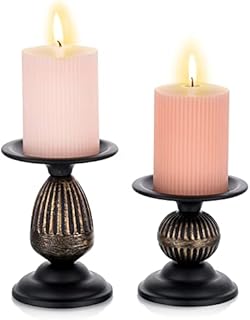 Sziqiqi Vintage Pillar Candle Holders Set of 2 Distressed Metal Candleholder Retro Matte Black Candlestick Holders Centrepiece Shabby Chic Ornaments for Coffee Dining Table Mantle Fireplace Decor