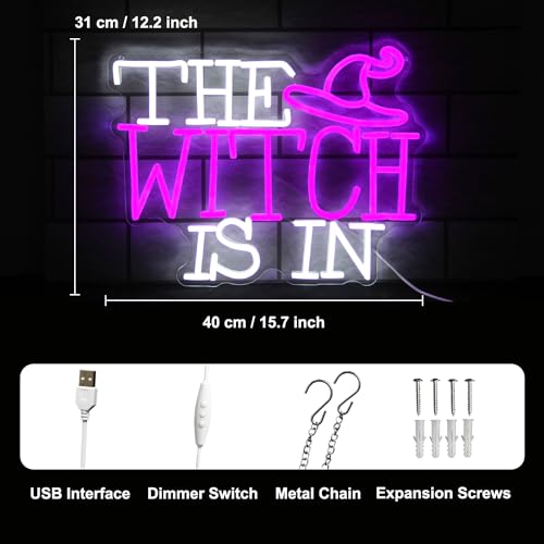 Image of The Witch Is In Neon Sign Gothic LED Lamp for Wall Halloween Party Decor | Dimmable Witch Hat Neon Light, Purple White Letter Neon Wall Sign, Acrylic Halloween LED Sign, Haunted Mansion House Decor
