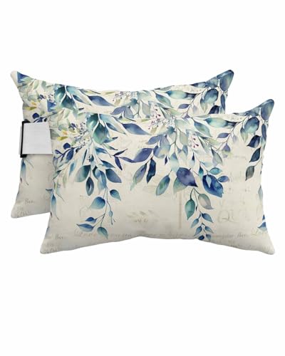 Lumbar Pillow Covers Set of 4, Blue Teal Eucalyptus Leaves Waterproof Outdoor Chaise Lounge Pillow Covers with Elastic Strap, Watercolor Vintage Botanical Headrest Pillowcase for Patio, 11 x 16
