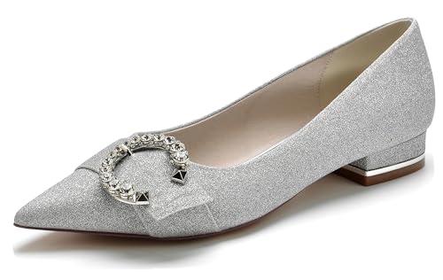 Hanfike Dam rosetter brud bröllop platta slip-on formella festskor bekväma kvällspumpar JY244, SILVER, 40.5 EU