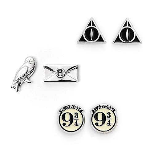 THE CARAT SHOP, Set Regado 3 Pendientes Plataforma 9 3/4, Hadwing & Carta y Reliquias de la Muerte de Harry Potter