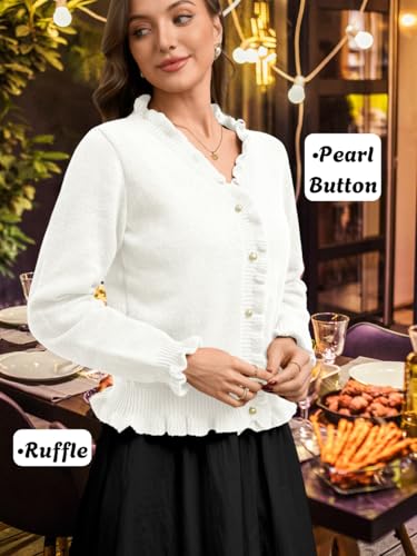 Womens Trendy Ribbed Knit Cardigan Sweater, Pearl Button V Neck Ruffle Long Sleeve, Fall Winter Casual Outfits Work3