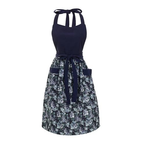HYVOROS Cute Floral Aprons for Women with Pockets,Cotton Adjustable Neck Strap Apron for Kitchen...