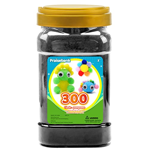 Praisebank Black Pom poms,300pcs,1inch/2.5cm, Pom Poms for Arts and Crafts, Pom Pom Balls in jar,Pom Pomsfor Crafts.