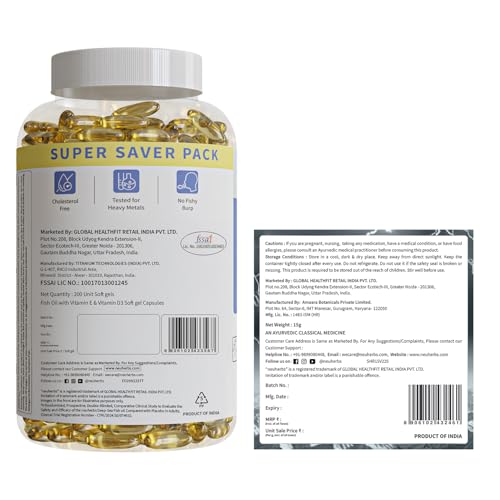 Image of Neuherbs Omega 3 Fish Oil Capsules- 200 Softgels & Shilajit Resin-15 grams Combo for Men & Women |892 Mg EPA and 594 Mg DHA |Omega-3 & Shilajit pack for Muscle, Strength & Stamina.