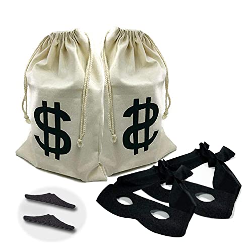 12 x 16 Inchs Large Canvas Money Bag,6 Pieces Bank Coin Cash Bag Sacks Carrying Sack Bandit Eye Cover Mustaches for Fake Money Toy Party Favor Bank Robber Pirate Cowboy Cosplay