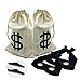 2 set Canvas Money Bag Pouch with Drawstring Closure and Dollar Sign Design for Toy Party Favors, Bank Robber Cowboy Pirate Theme,Robber Costume Black Eye Mask and Men's Zorro Novelty Moustache（6pcs)