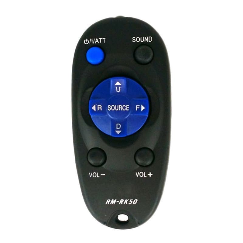 Davanti view of the KRPTQJoo RM-RK50 remote control, black with blue buttons for power, sound, volume, and source navigation.
