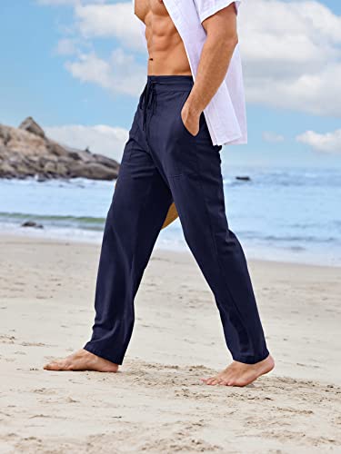 Image of PASLTER Mens Cotton Linen Pants Casual Summer Beach Pants Dress Trousers | Loose Fit, Elastic Drawstring Waist, Lightweight, Straight-Legs, Slacks, Yoga, Work, Vacation, Quick Dry