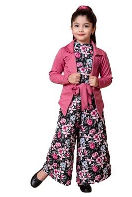 SPAMitude Girls Self Designed Premium Cotton Jacket Jumpsuit Dress | Floral Printed Jumpsuit Jacket Set for Birthday Gir