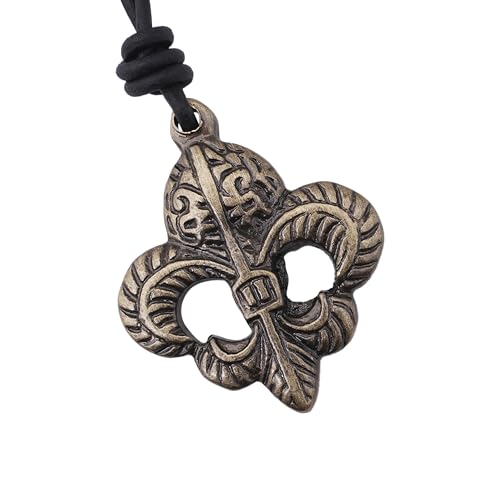 Lord of Battles Medieval Pendant Fleur-de-Lis Necklace with Adjustable Genuine Leather Cord Heraldic Jewelry (Antique Brass)