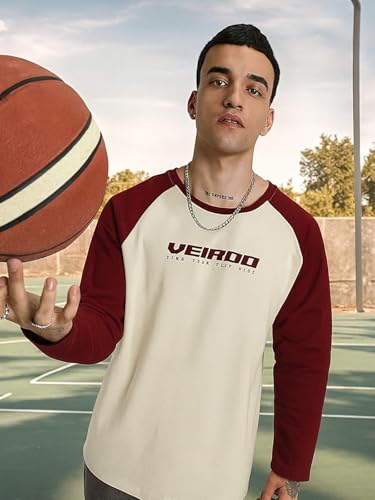 Image of Veirdo Pure Cotton Regular Fit Round Neck Front Chest Typographic Logo Printed Raglan Full Sleeve T-Shirt for Men (Colors: Green, Brown & Maroon)