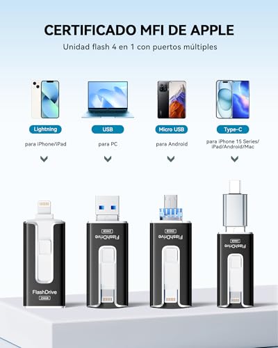 SUDEHO MFi Certified 256GB Pendrive para iPhone, 4 en 1 Memoria Externa Pen Drive, USB 3.0 Unidad Flash para Guardar Más Fotos Vídeos, USB c Flash Drive para iPad/iOS/Android/Mac/PC,Negro - imagen 3