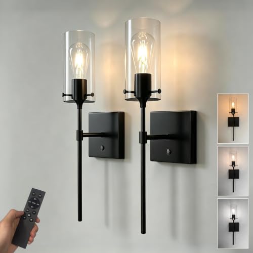 Image of Modern Battery Operated Wall Sconces Set of 2, Wireless Rechargeable Wall Light with Remote Control, Dimmable 3000K /4500K /6000K Cordless Glass Sconce for Bedroom Living Room Bathroom Hallway Entryway