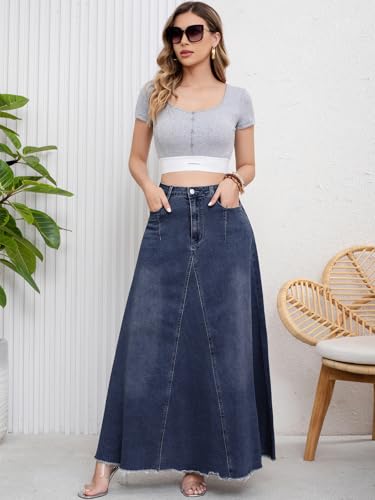 ebossy Women's Retro Distressed High Waist Frayed Hem A Line Wash Maxi Long Denim Skirt with Pockets4