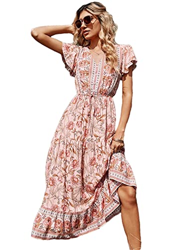 Robe longue d'été bohème fluide col en V rose XL pour un confort estival absolu