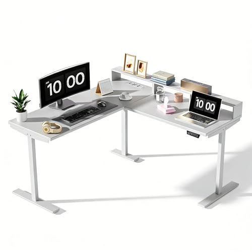 Aiorber L-förmig Höhenverstellbarer Schreibtisch, 160 x 140 cm Eckschreibtisch Höhenverstellbar mit Monitorhalterung, Elektrisch Schreibtisch L Form mit Steckdosen, Weiß