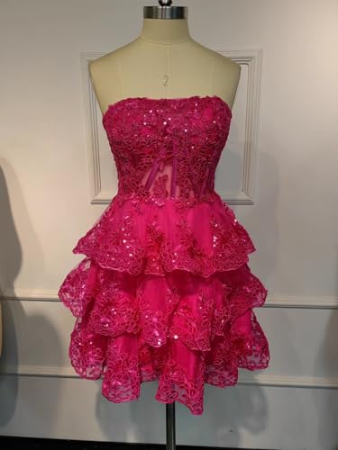 GARDOM Strapless Tiered Sequin Homecoming Dresses 2023 Sparkly Appliques Tulle Corset Prom Dress Short for Teens Juniors4