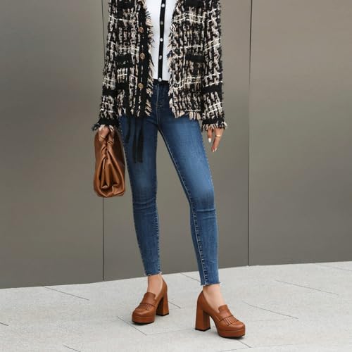 Alsoloveu Women's Platform High Heel Loafers Square Toe Chunky Heels Slip On Pump Shoes with Tassel Decor4