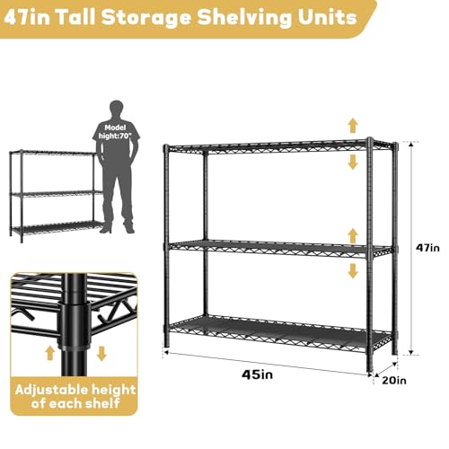 Image of ROOMTEC 3-Tier Wire Shelving Unit,45 inch W*20 inch D*47 inch H,Max Load 1200 lbs