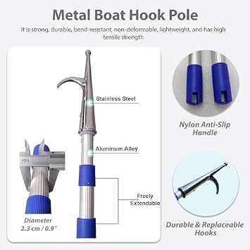 Telescopic Boat Hook Pole, 3-Stage Design for Berthing, Unberthing, and Towing, Marine Accessory