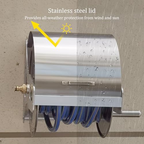 Hose Reel Wall Mount with Rotating Handle, Heavy Duty Garden Hose Roller for Backyard Patio Lawn, Stainless Steel Gardening Tool - Image 3
