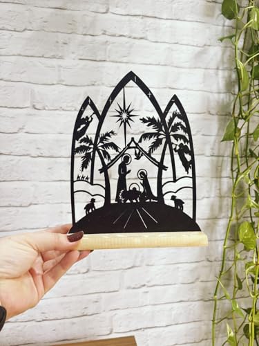 Presépio de Natal Enfeite Decoração de Mesa Natalina em MDF Preto com Base em madeira Pinus P1