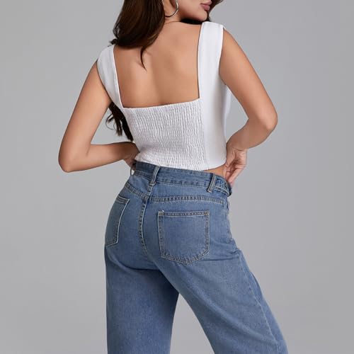 Women Wrap Jean Vest Boat Neck Button Down Sleeveless Crop Vest Denim Tank Top Backless Fashion Smocking Vest3