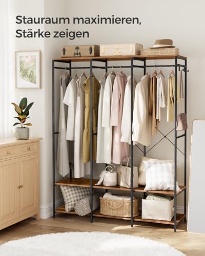 SONGMICS Kleiderschrank offen, Kleiderständer, Garderobenständer, Garderobe mit Kleiderstange, Ablagen, abnehmbare Haken, 40 x 141 x 180 cm, vintagebraun RGR005B01