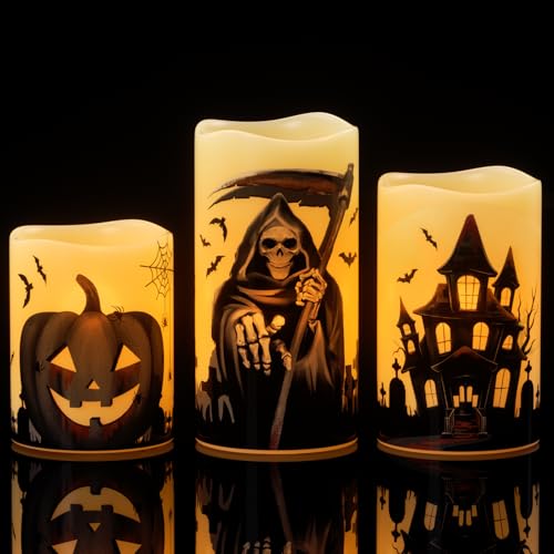 Wondise Halloween Flameless Flickering Candles with 6 Hour Timer, Battery Operated Real Wax Halloween Candles Set of 3 Halloween Decoration Grim Reaper, Haunted House, Pumpkin (3 x 4 5 6 Inch)