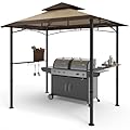 COOSHADE 8'x 5' Grill Gazebo Double Tiered Outdoor BBQ Gazebo Canopy with LED Light (Brown with Khaki)