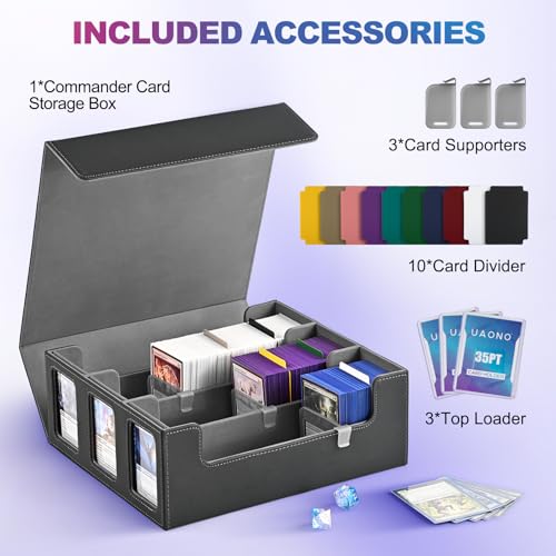 Image of UAONO Card Storage Box for Trading Cards, 1800+ Commander Deck Box for MTG with Display Window, Toploader Card Case fits Magic TCG PTCG Sports Cards; 10 Removable Divider Tabs, 3 Stoppers (Black)